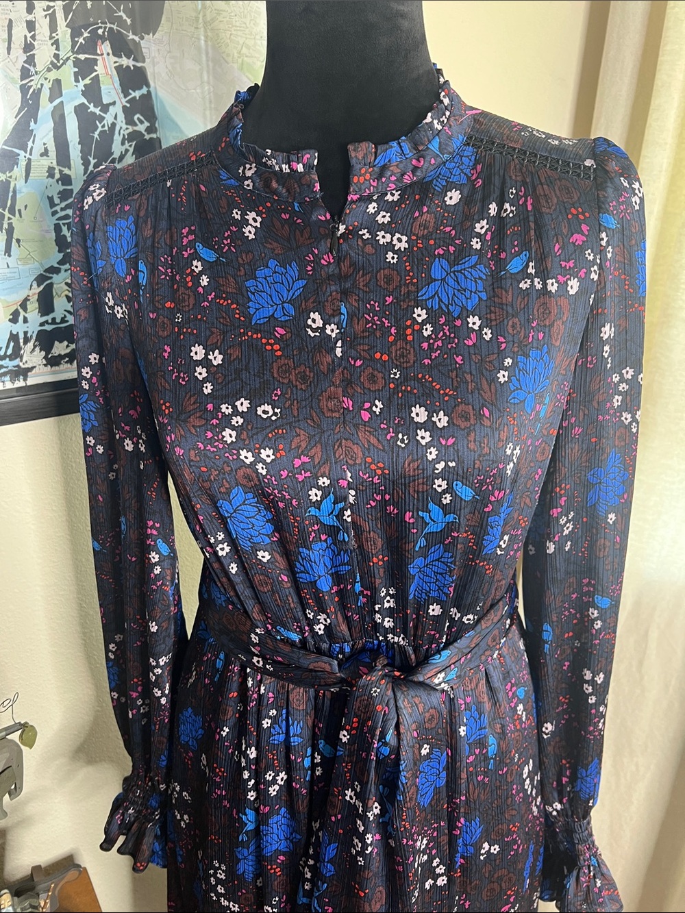 ME+EM floral Print blue hummingbird Ruched Sleeve belted Maxi Dress Size 6 - Picture 3 of 7